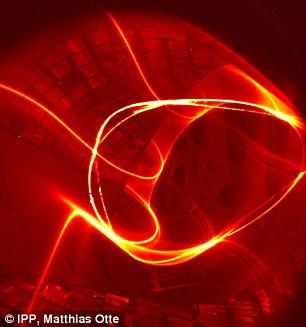 “文德?tīng)柺┨┮?7-X”裝置內(nèi)并聯(lián)環(huán)路的電子束，顯示出沿著磁場(chǎng)線的軌跡。